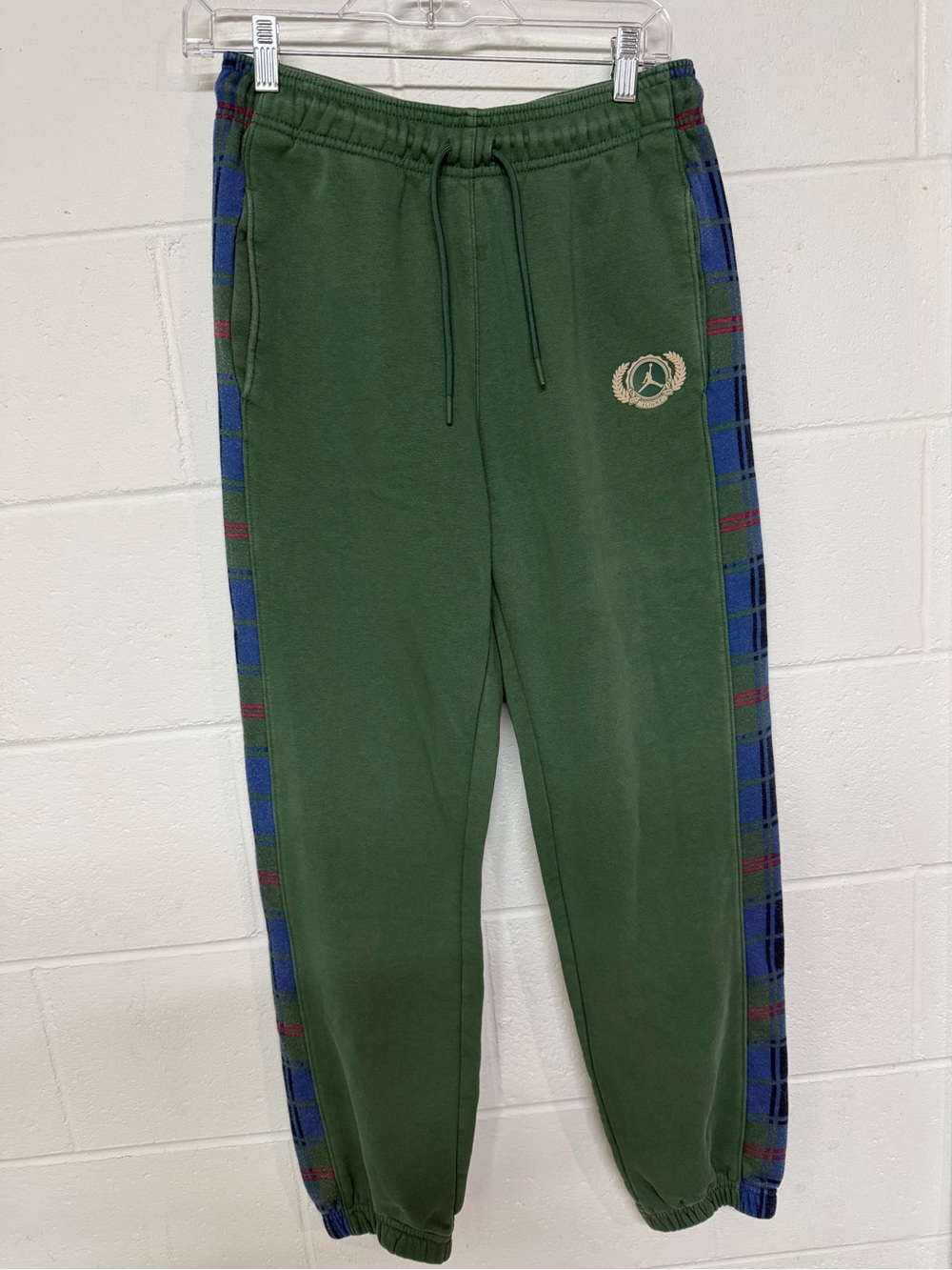 Jordan Green Sweatpants with Blue & Red Plaid Side Stripes